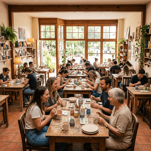 Gäste beim Keramik bemalen im Kreativcafé Kleine Auszeit